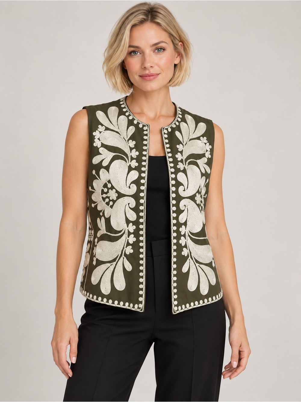 Zara Olive Green Sleeveless Vest with White Embroidered Floral Design